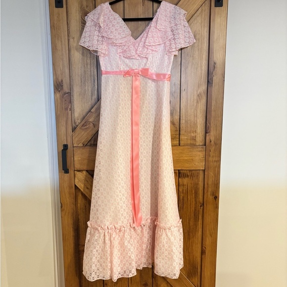 jcpenney Dresses & Skirts - Vintage 70’s Pink Ruffle Lace Empire Waist Maxi Dress With Satin Ribbon